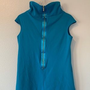 Express Zip up Turtleneck Short Sleeve Blue Mini Dress Black Hem Size M